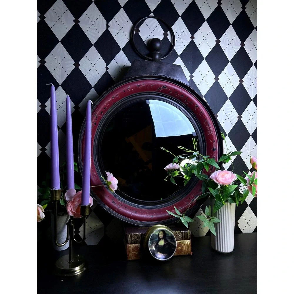 Oversized Industrial Round Mirror Distressed Berry Metal Wall Accent 24